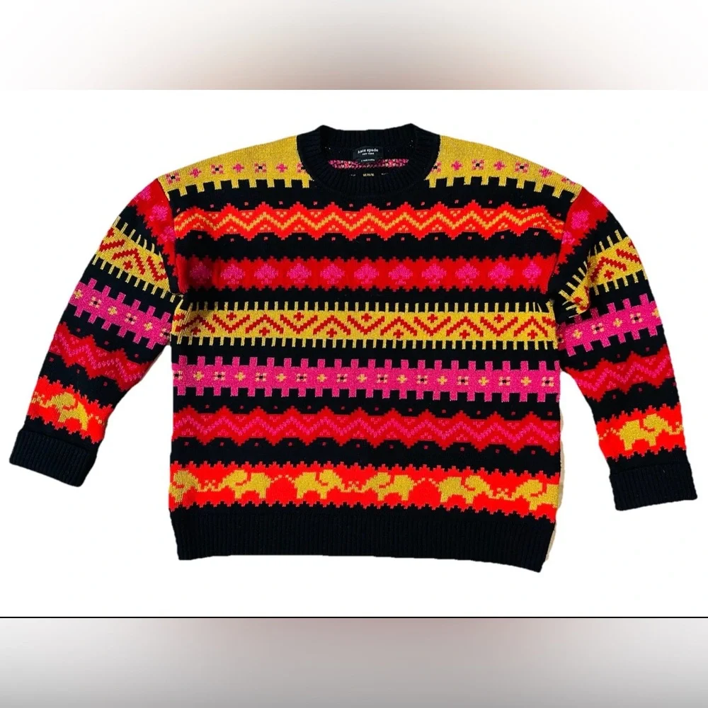 kate spade sweater S elephants hearts bright colors long sleeve wool blend 90’s